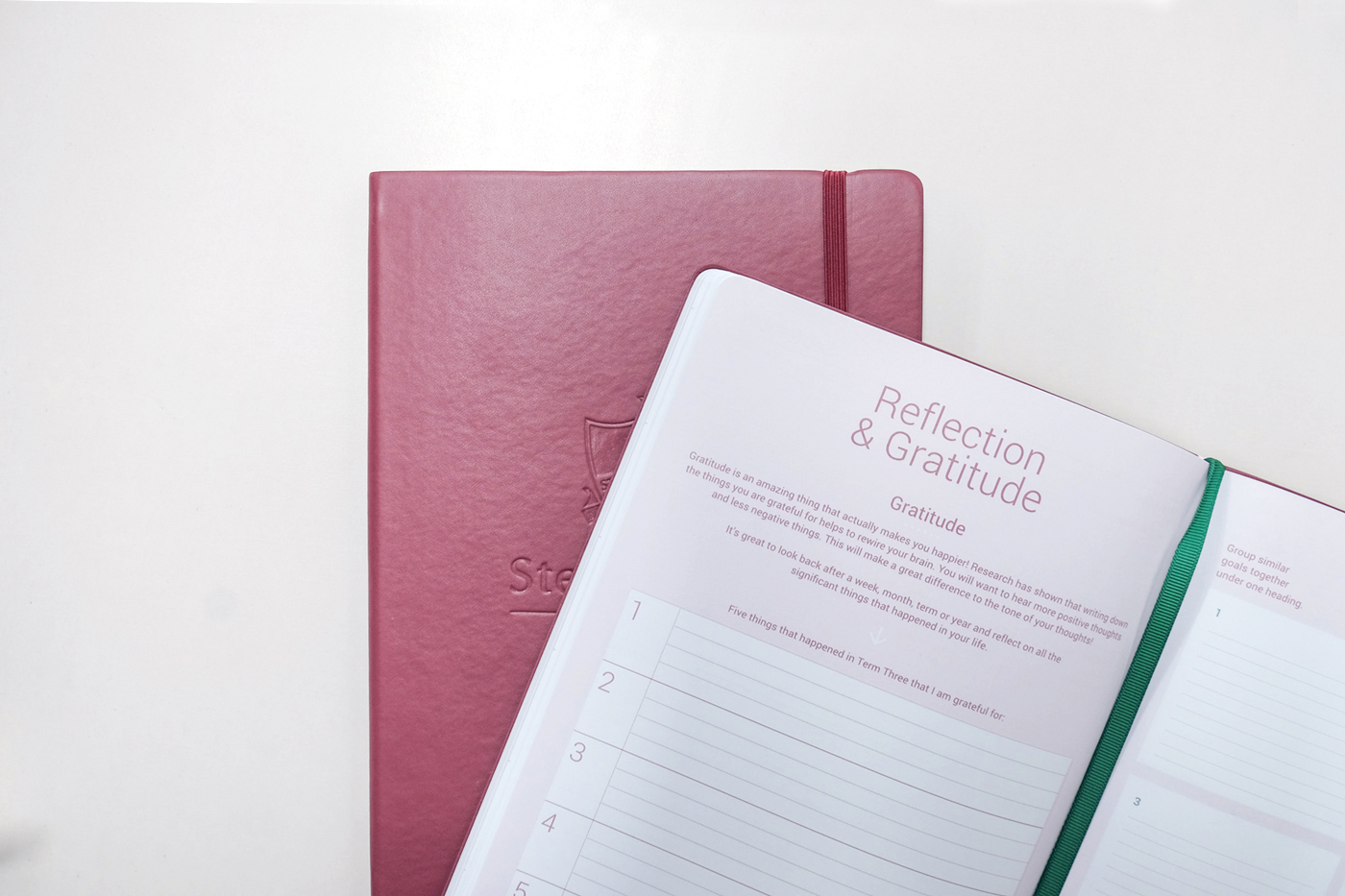 Burgundy Each Day diary with embossed school crest, open to a Reflection & Gratitude page — a structured space for daily habits