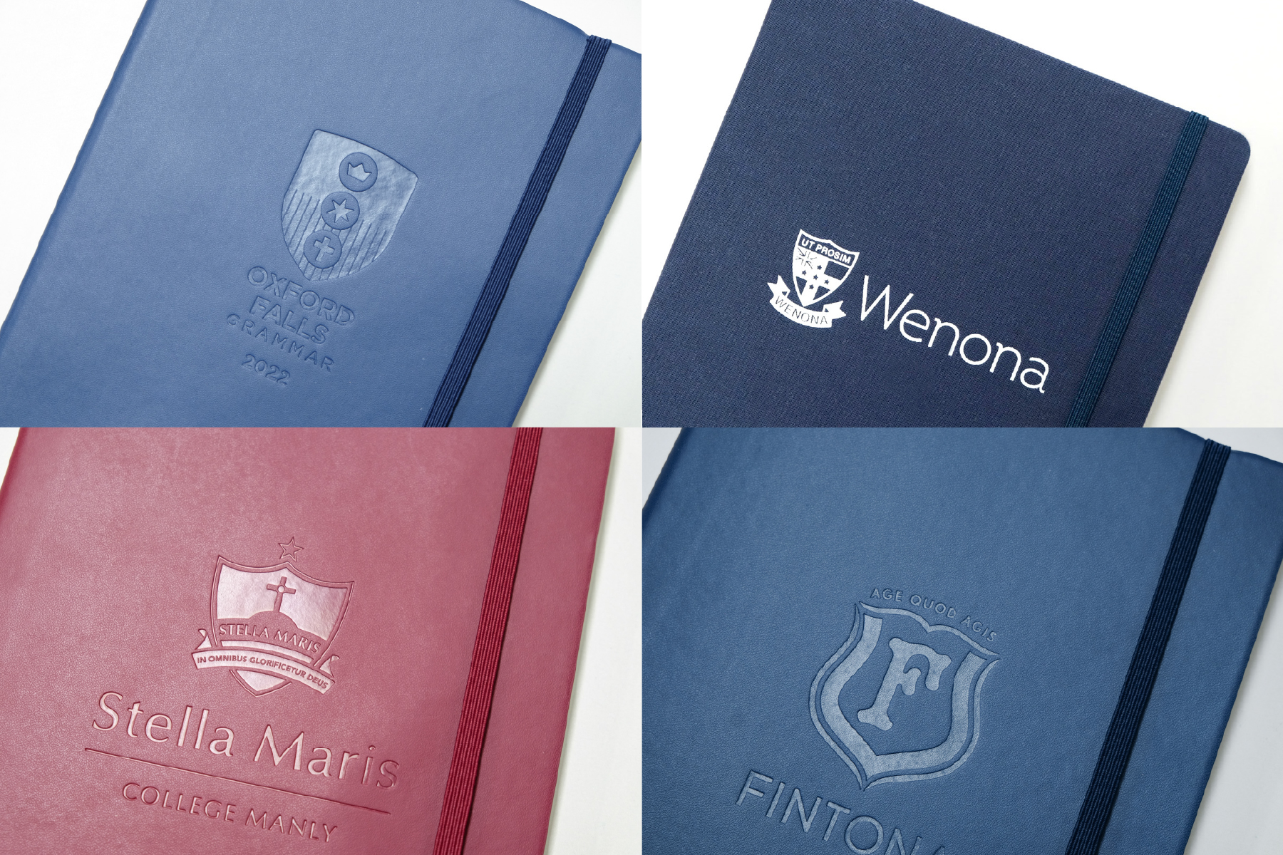Four customised Each Day diary covers — Oxford Falls Grammar, Wenona, Stella Maris College Manly, and Fintona — each embossed with the school's crest and identity