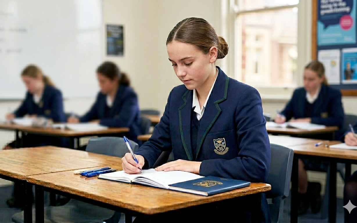 A student in school uniform writing by hand in her Each Day diary in a classroom