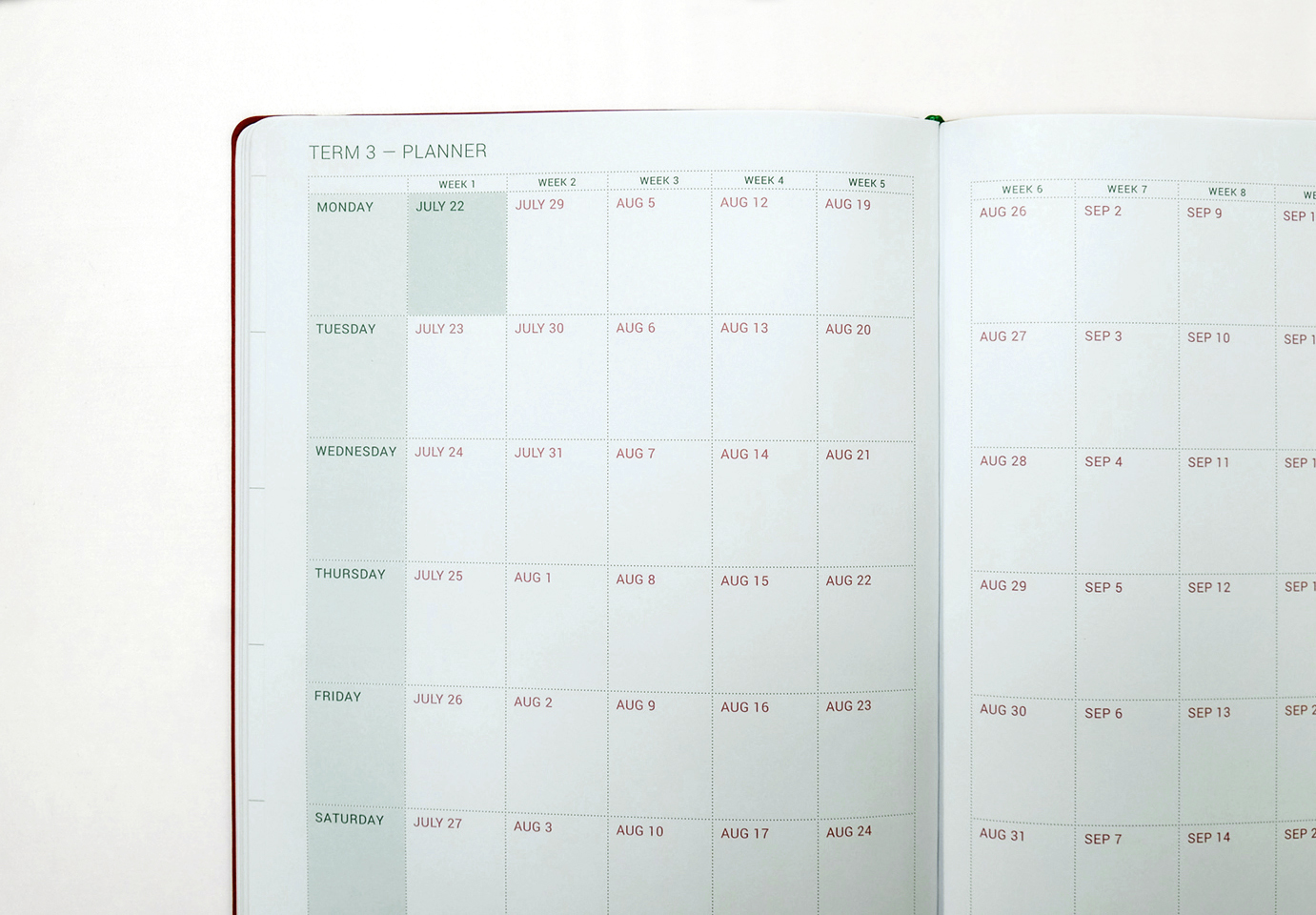 Each Day diary opened to a Term 3 planner spread, showing every week and key dates at a glance